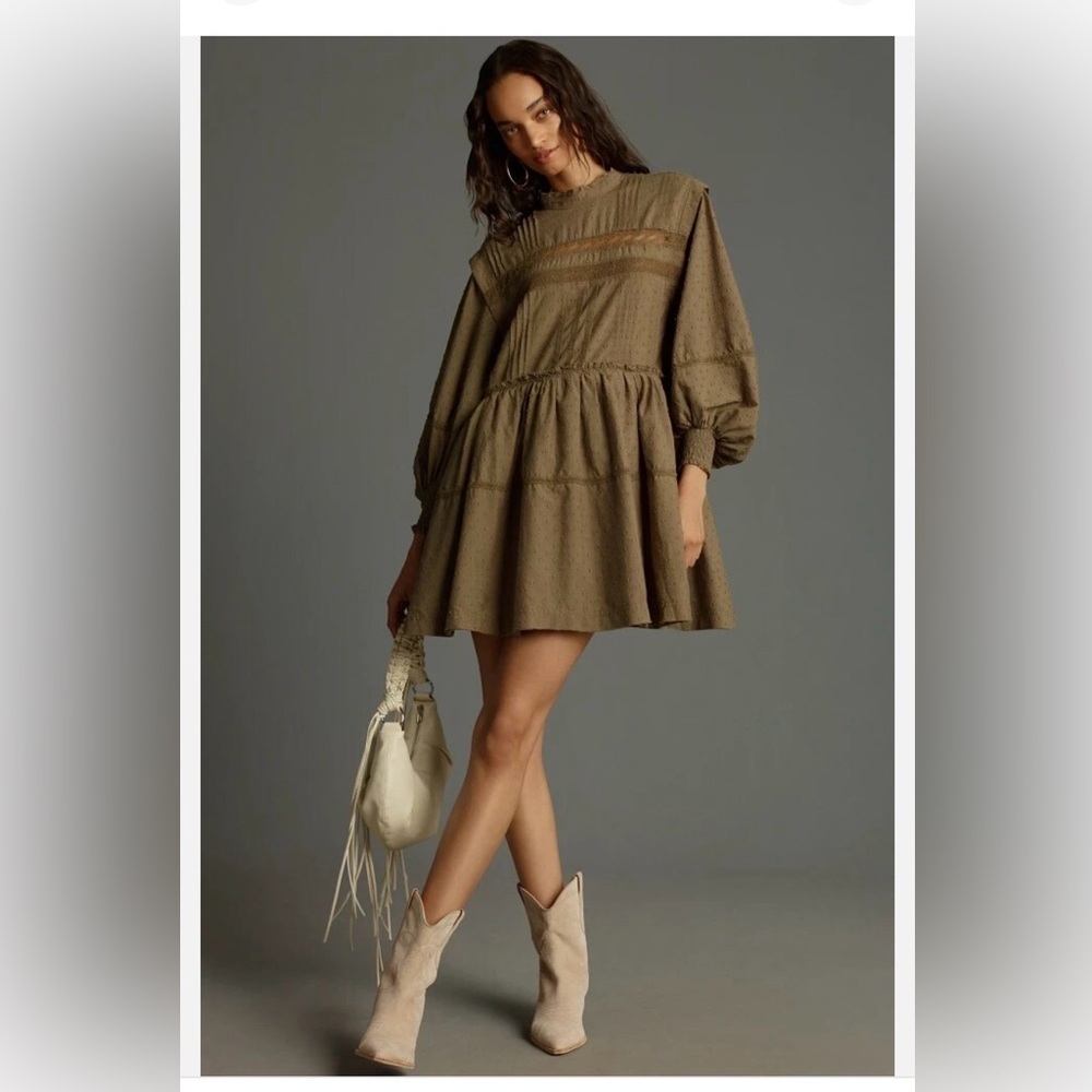 Anthropologie Pilcro Long-Sleeve Mock-Neck Swing Mini Dress size M Boho Prairie - Picture 2 of 16
